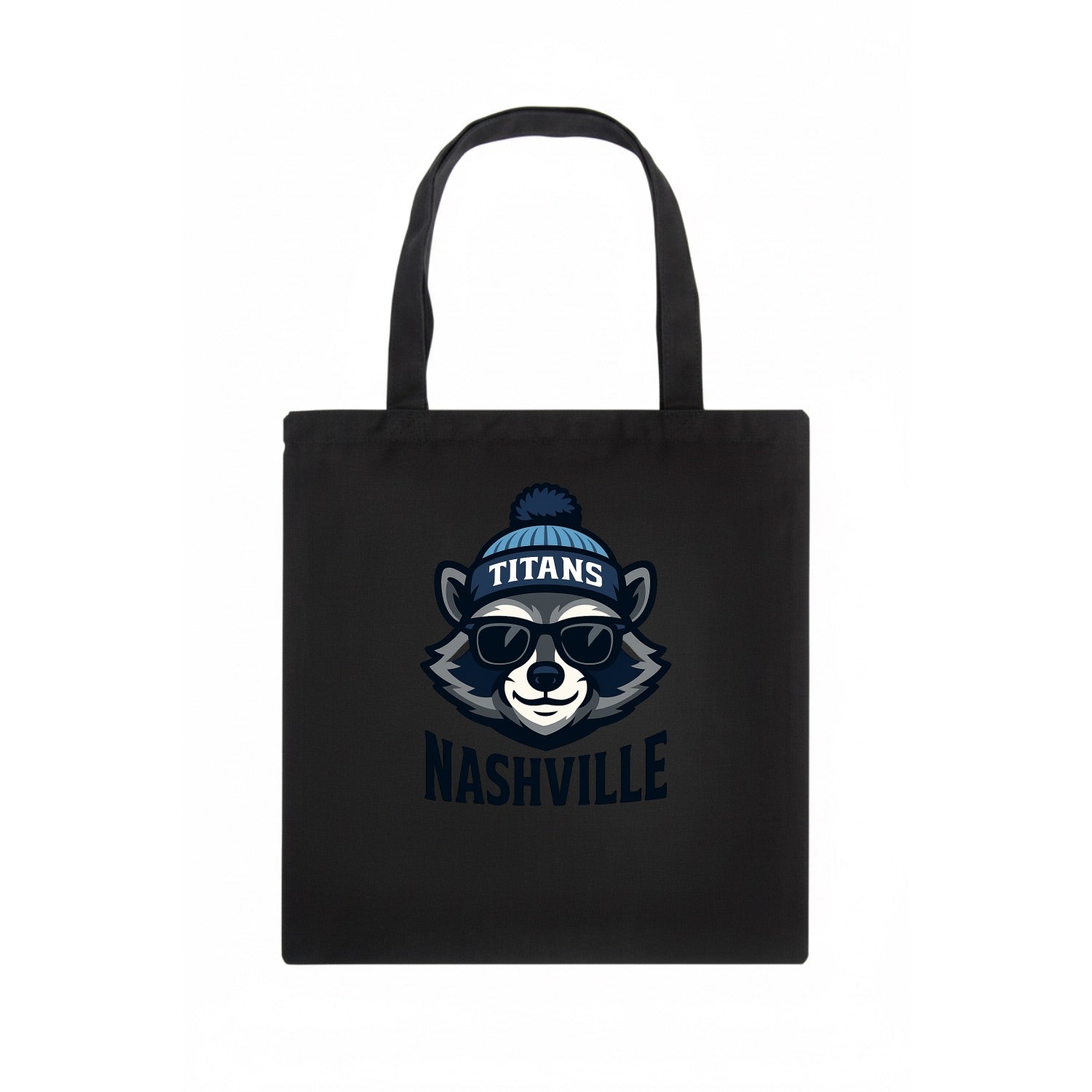 Nashville Raccoon wearing Titans navy and light blue beanie with pom pom and wayfarer - Tote Bag - dark
