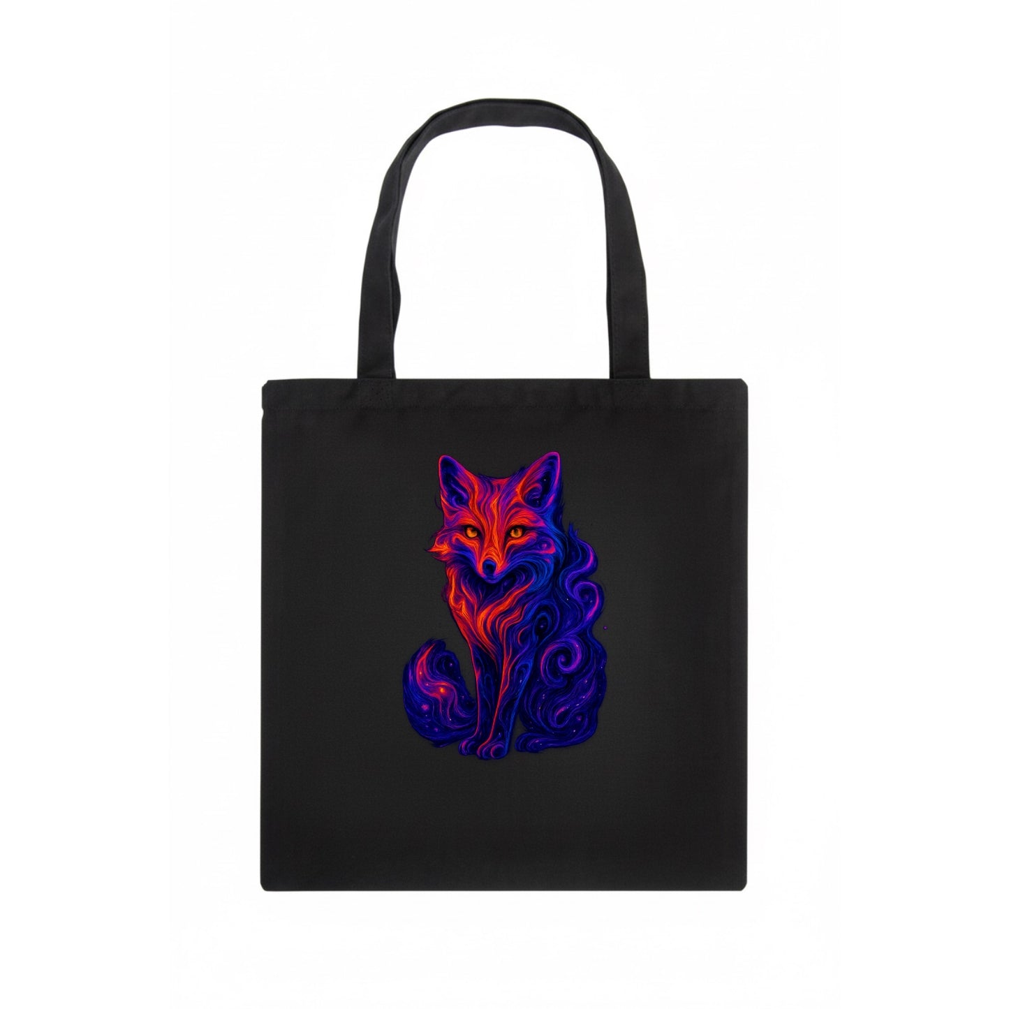 Clever fox with tail dissolving into cosmic nebula swirls, orange to purple gradient - Tote Bag - dark