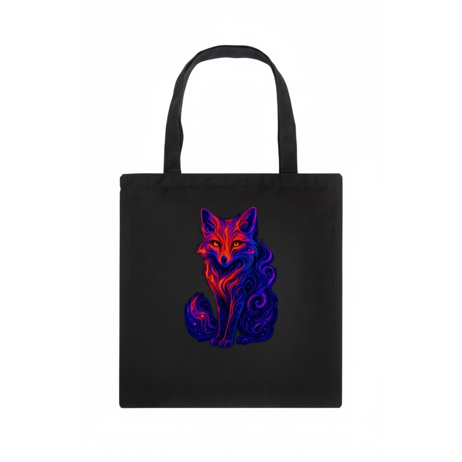Clever fox with tail dissolving into cosmic nebula swirls, orange to purple gradient - Tote Bag - dark