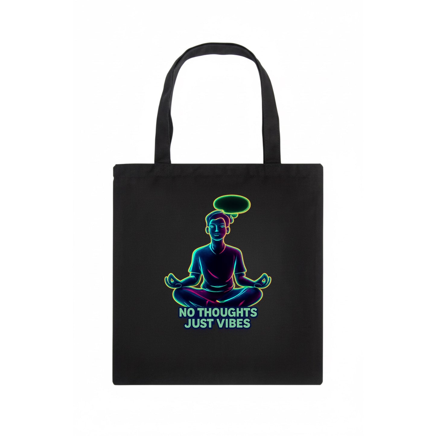 Peaceful floating figure with empty thought bubble - "no thoughts just vibes" zen state - Tote Bag - dark