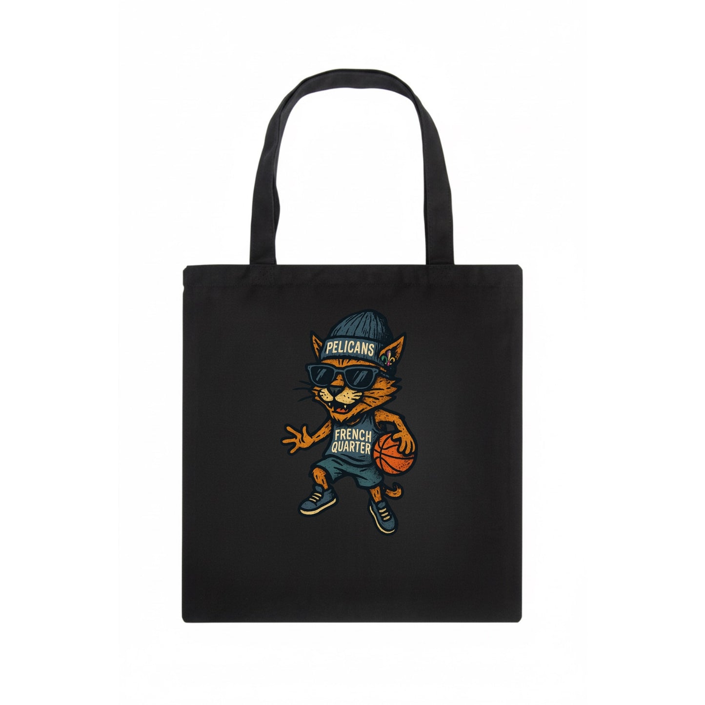 French Quarter Cat wearing Pelicans beanie with Mardi Gras patch and wayfarer sunglasses - Tote Bag - dark