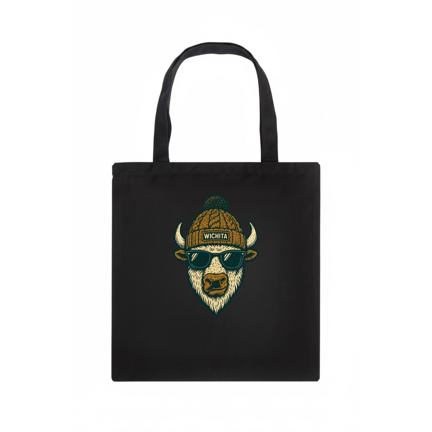 Kansas American Bison wearing Wichita beanie with pom pom and wayfarer sunglasses - Tote Bag - dark