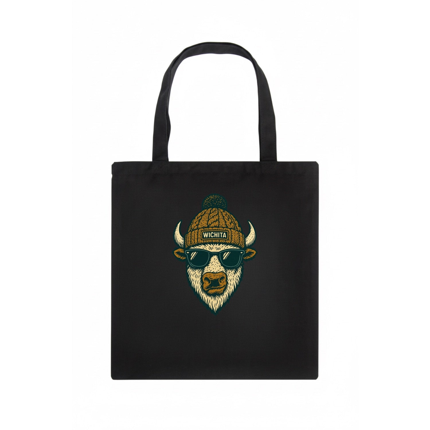 Kansas American Bison wearing Wichita beanie with pom pom and wayfarer sunglasses - Tote Bag - dark