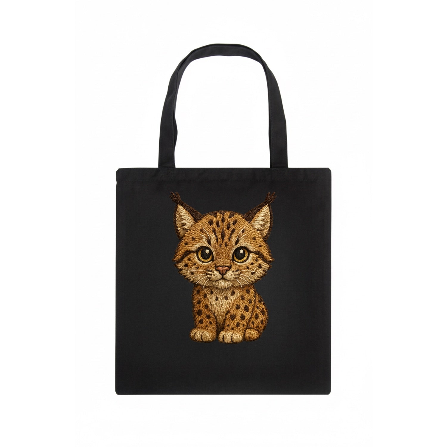 Baby Lynx Cub - tufted ears, spotted fur, golden eyes, front-facing, wild baby - Tote Bag - dark