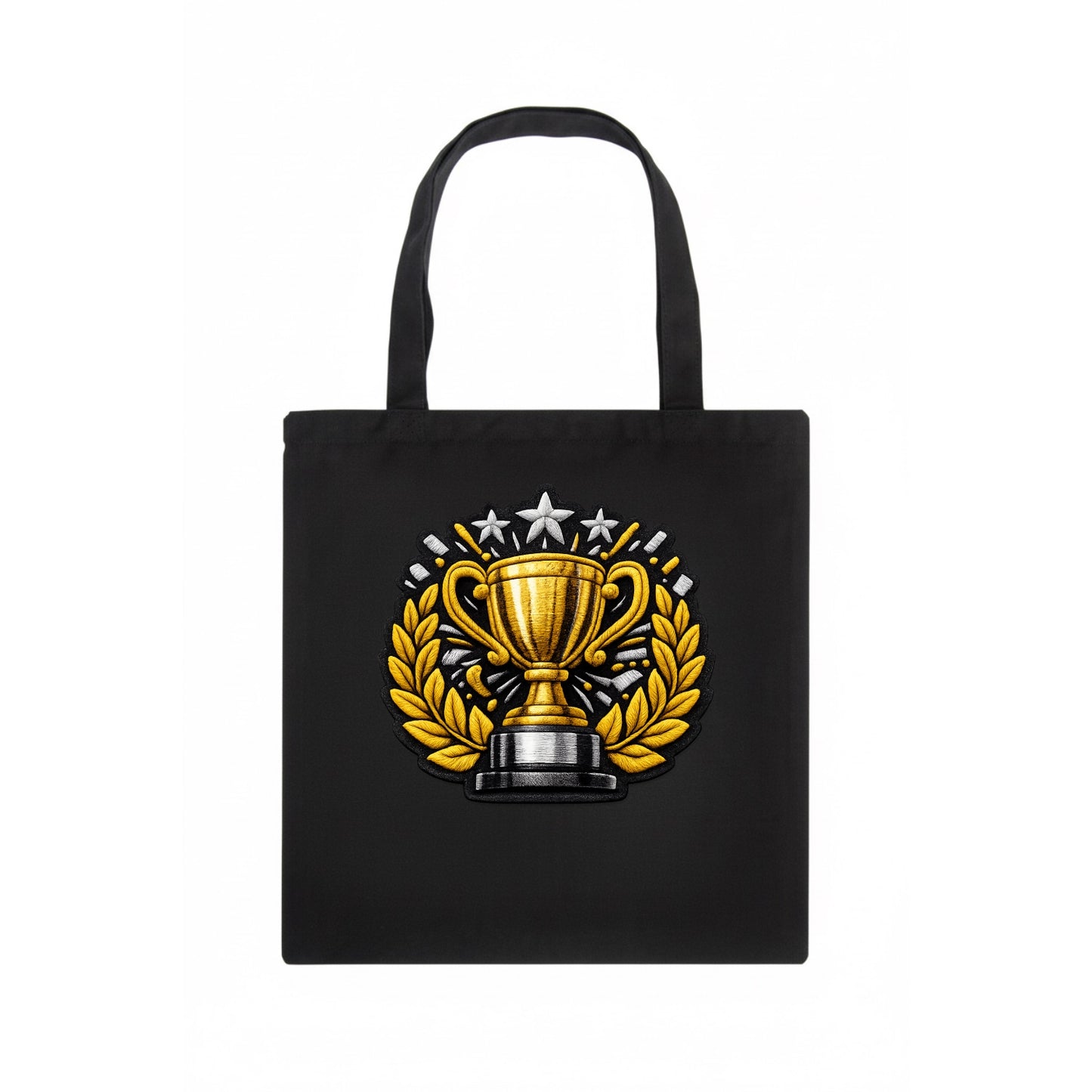 Embroidered patch design - CHAMPIONSHIP TROPHY - golden trophy cup with laurels in gold - Tote Bag - dark
