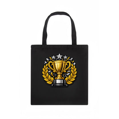 Embroidered patch design - CHAMPIONSHIP TROPHY - golden trophy cup with laurels in gold - Tote Bag - dark