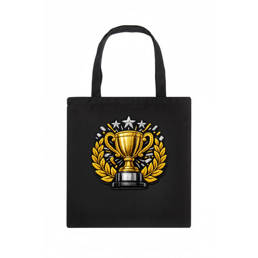 Embroidered patch design - CHAMPIONSHIP TROPHY - golden trophy cup with laurels in gold - Tote Bag - dark