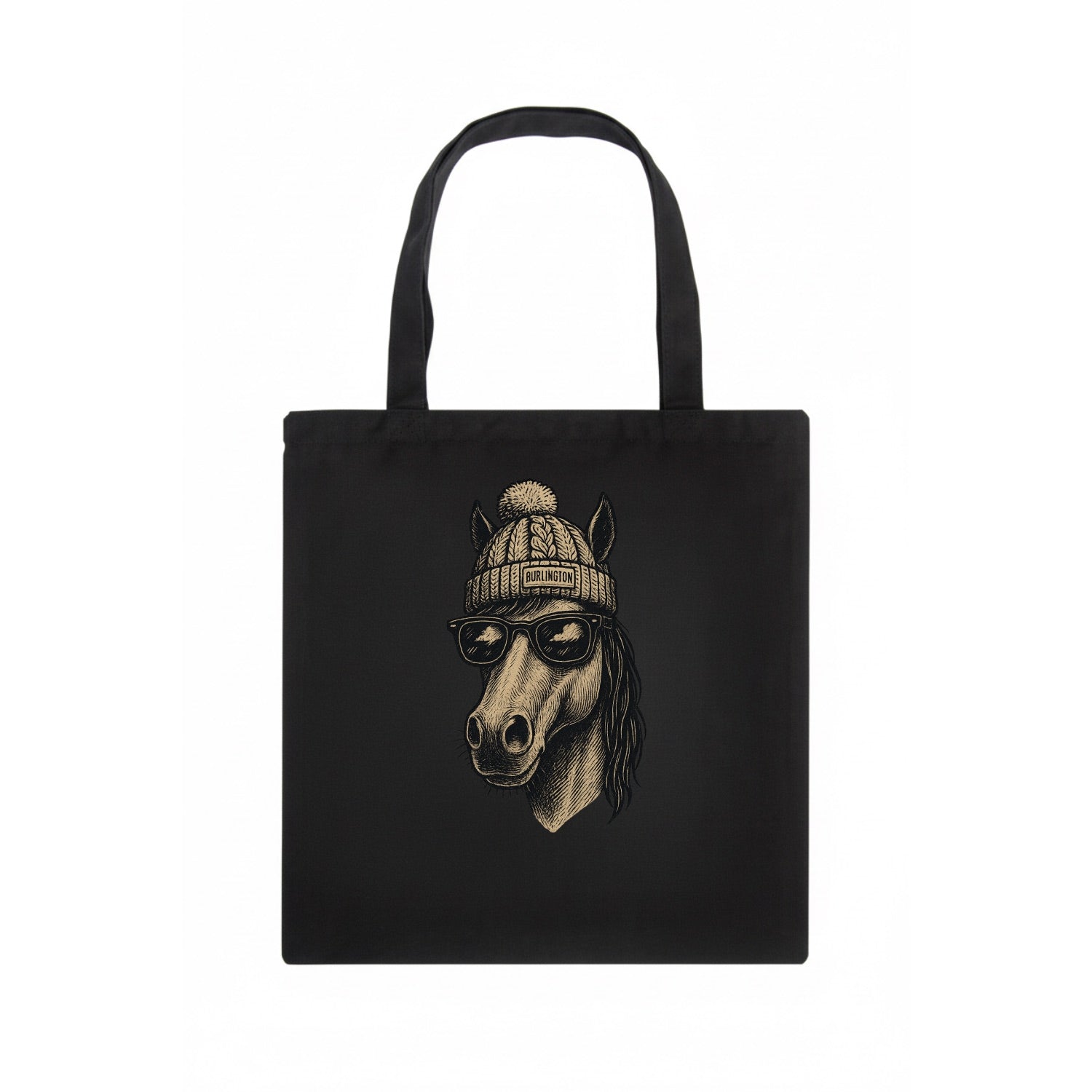 Vermont Morgan Horse wearing Burlington beanie with pom pom and wayfarer sunglasses - Tote Bag - dark