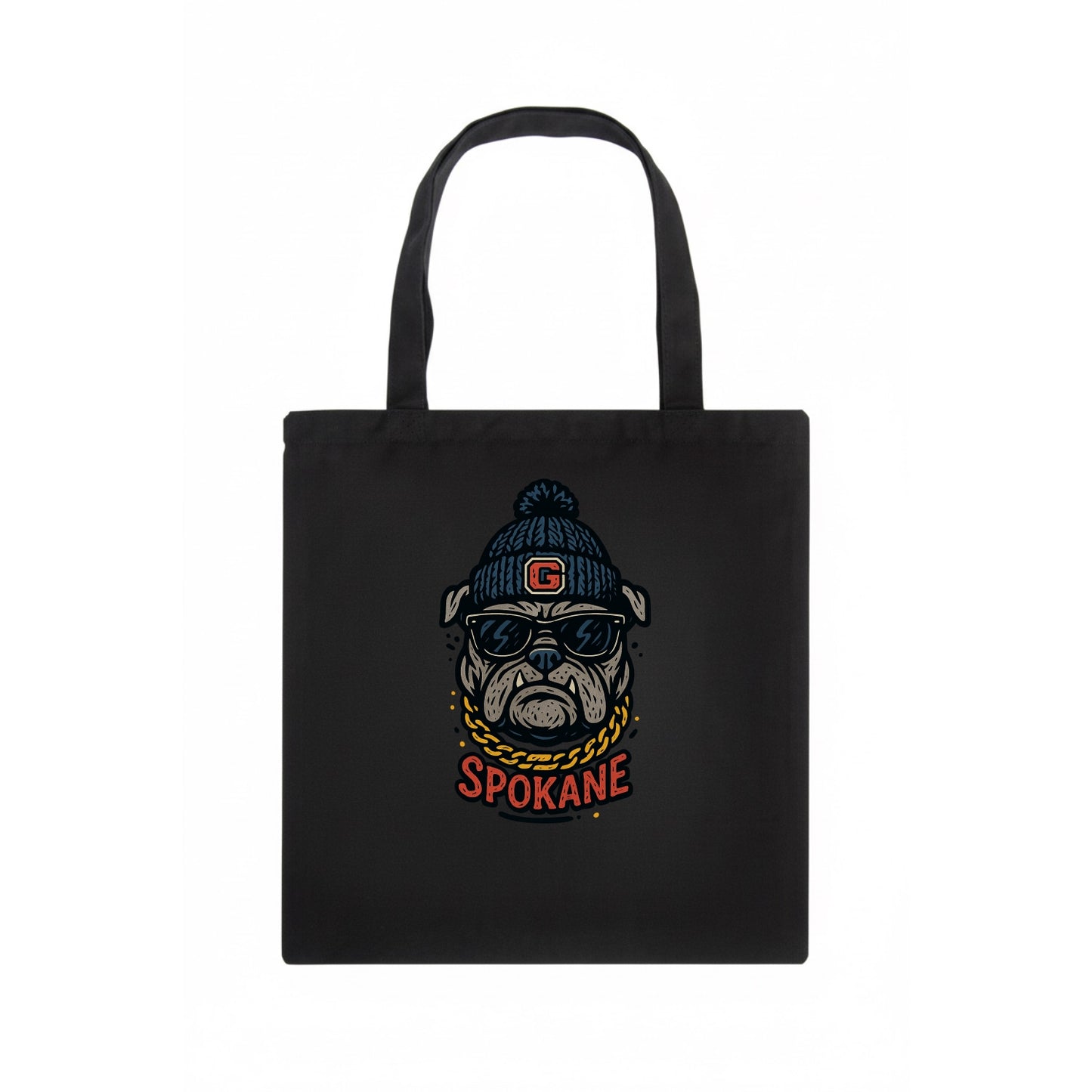 Spokane Bulldog wearing Gonzaga beanie with G patch - Tote Bag - dark
