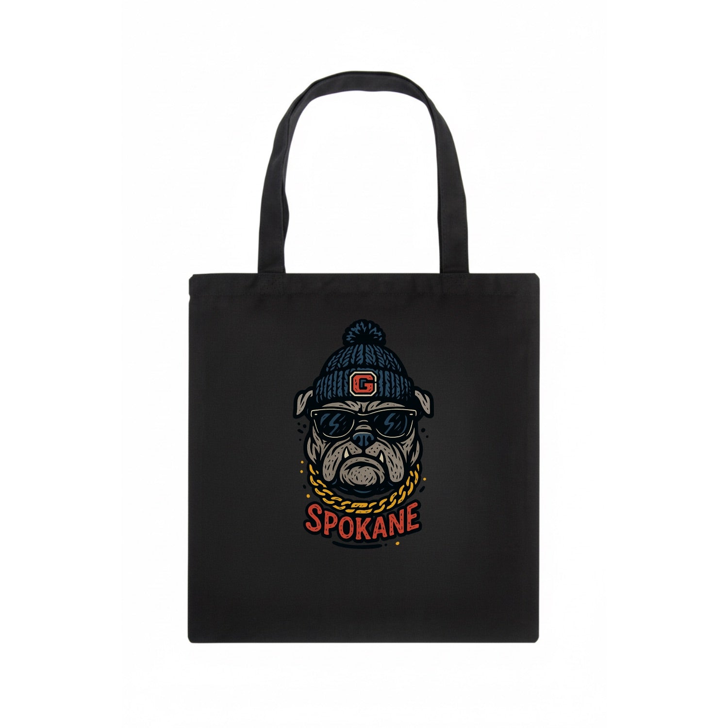 Spokane Bulldog wearing Gonzaga beanie with G patch - Tote Bag - dark