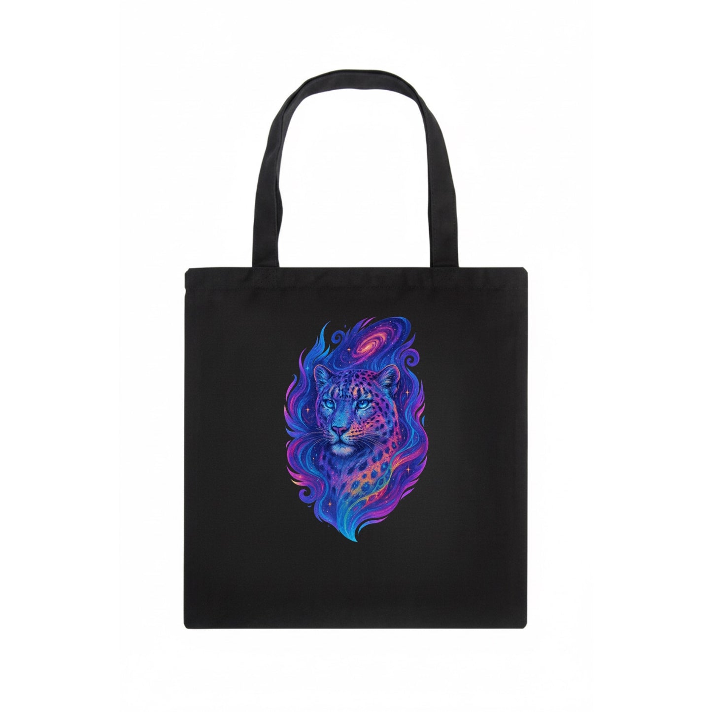 Majestic snow leopard with rainbow gradient spots, crystalline flowing patterns, - Tote Bag - dark