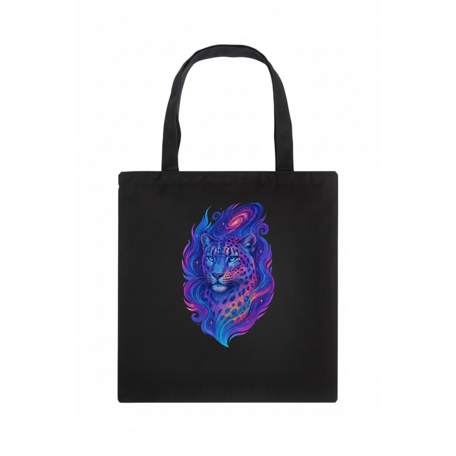 Majestic snow leopard with rainbow gradient spots, crystalline flowing patterns, - Tote Bag - dark