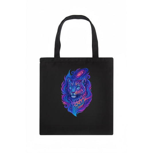 Majestic snow leopard with rainbow gradient spots, crystalline flowing patterns, - Tote Bag - dark
