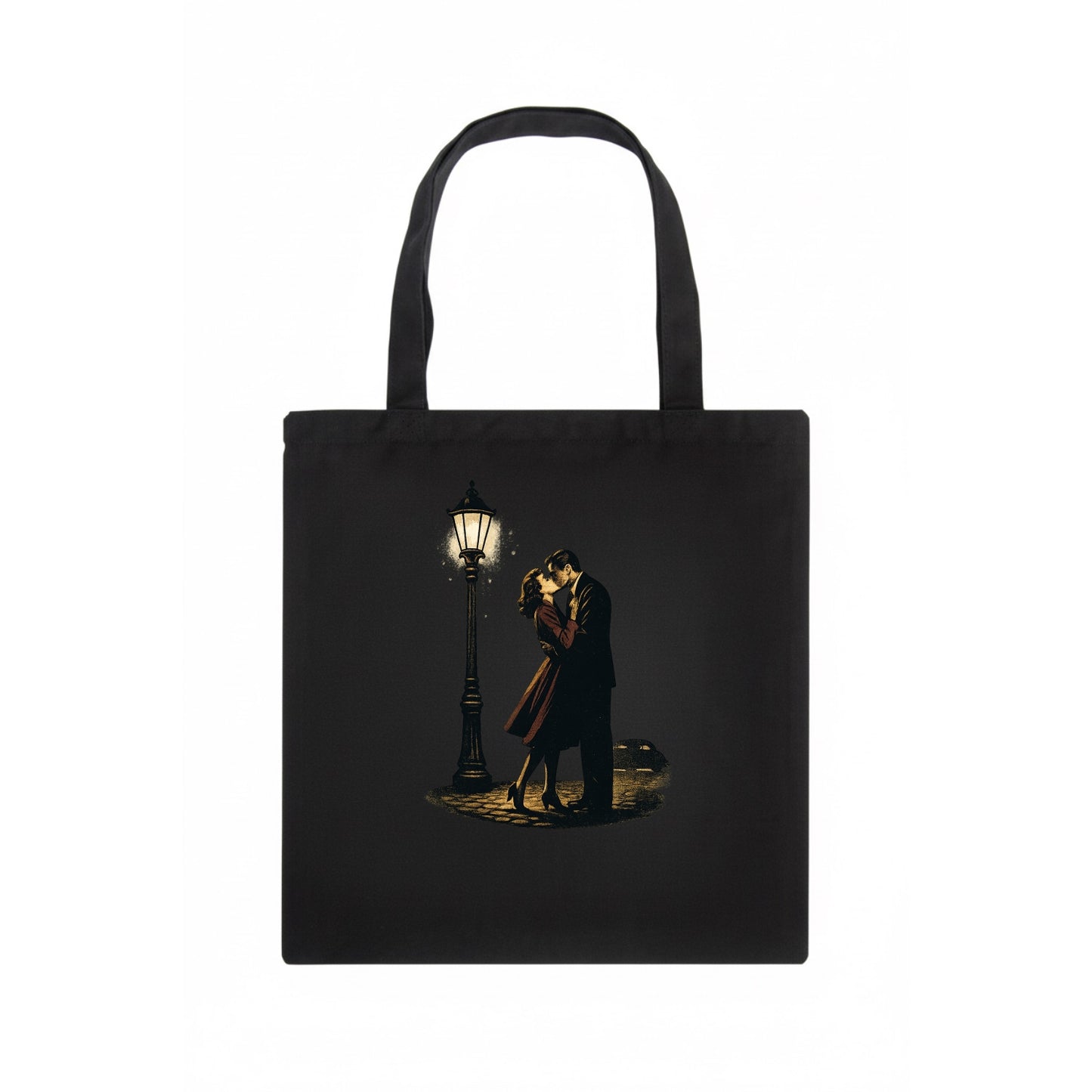 first kiss under vintage street lamp on cobblestone at night - Tote Bag - dark