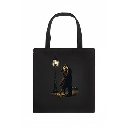 first kiss under vintage street lamp on cobblestone at night - Tote Bag - dark