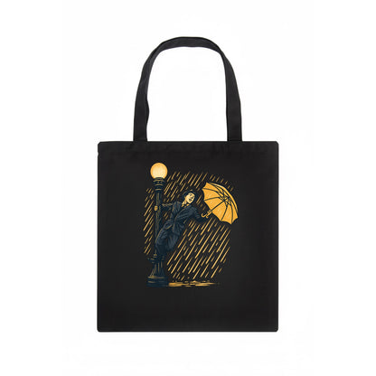 joyful dancing on lamppost in heavy rain with big smile - Tote Bag - dark