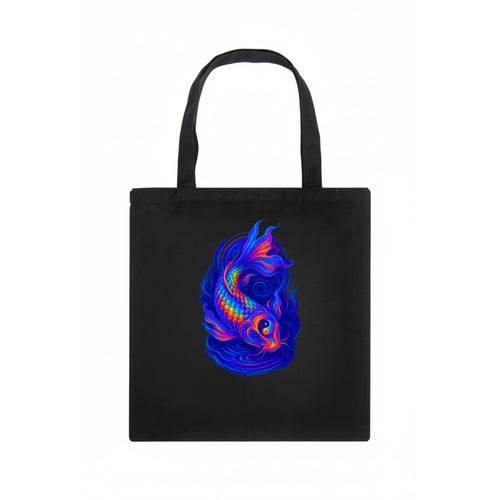 Sacred koi with scales reflecting rainbow prisms, yin-yang patterns in cosmic colors, - Tote Bag