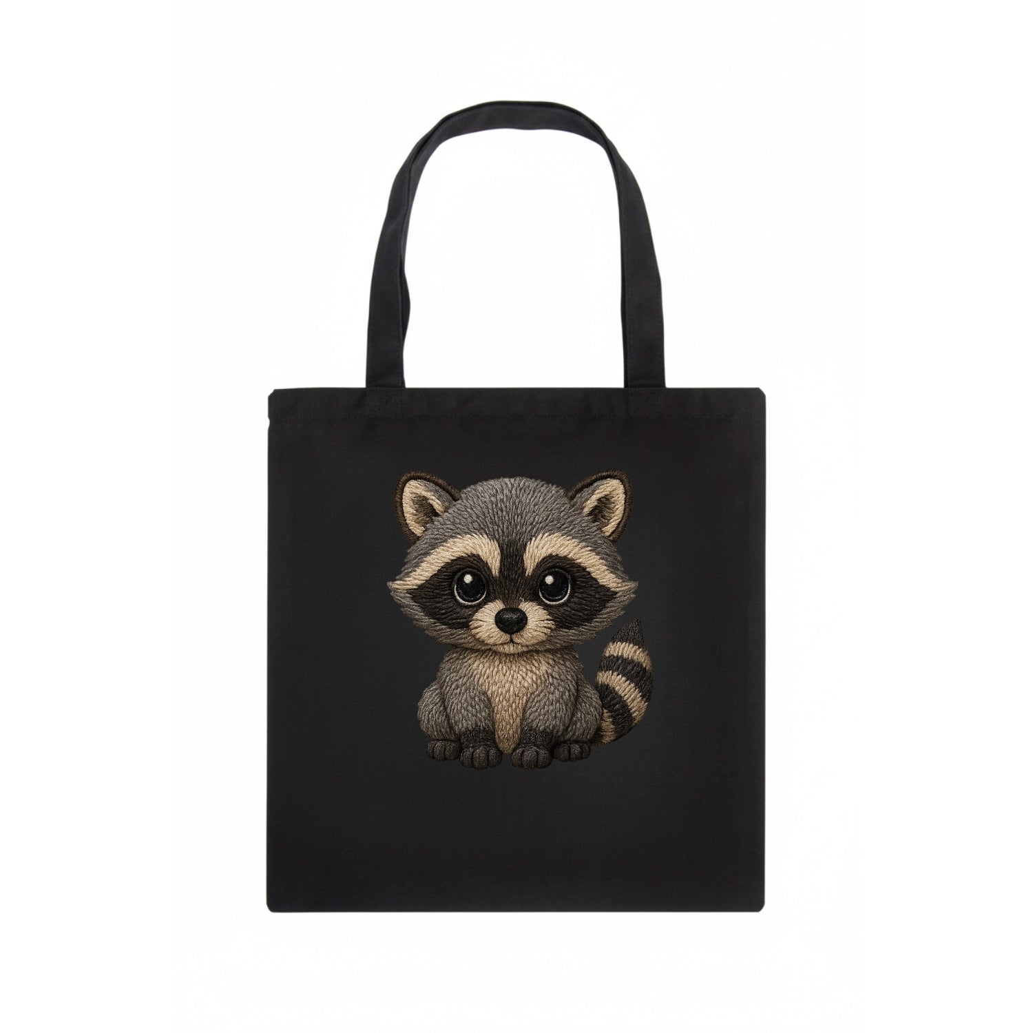 Baby Raccoon - gray fur, black mask, ringed tail, bright curious eyes, front-facing, - Tote Bag - dark