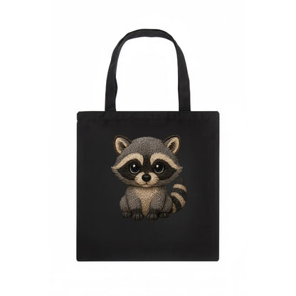 Baby Raccoon - gray fur, black mask, ringed tail, bright curious eyes, front-facing, - Tote Bag - dark