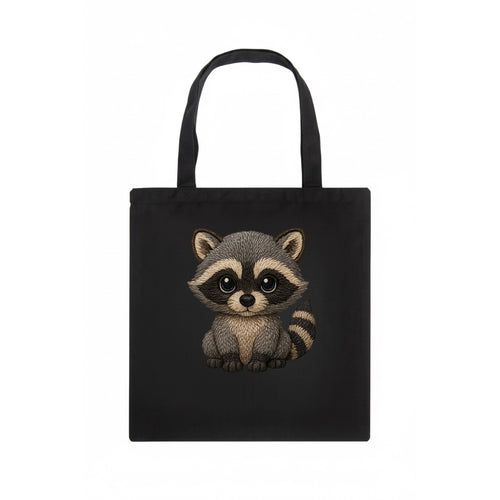 Baby Raccoon - gray fur, black mask, ringed tail, bright curious eyes, front-facing, - Tote Bag