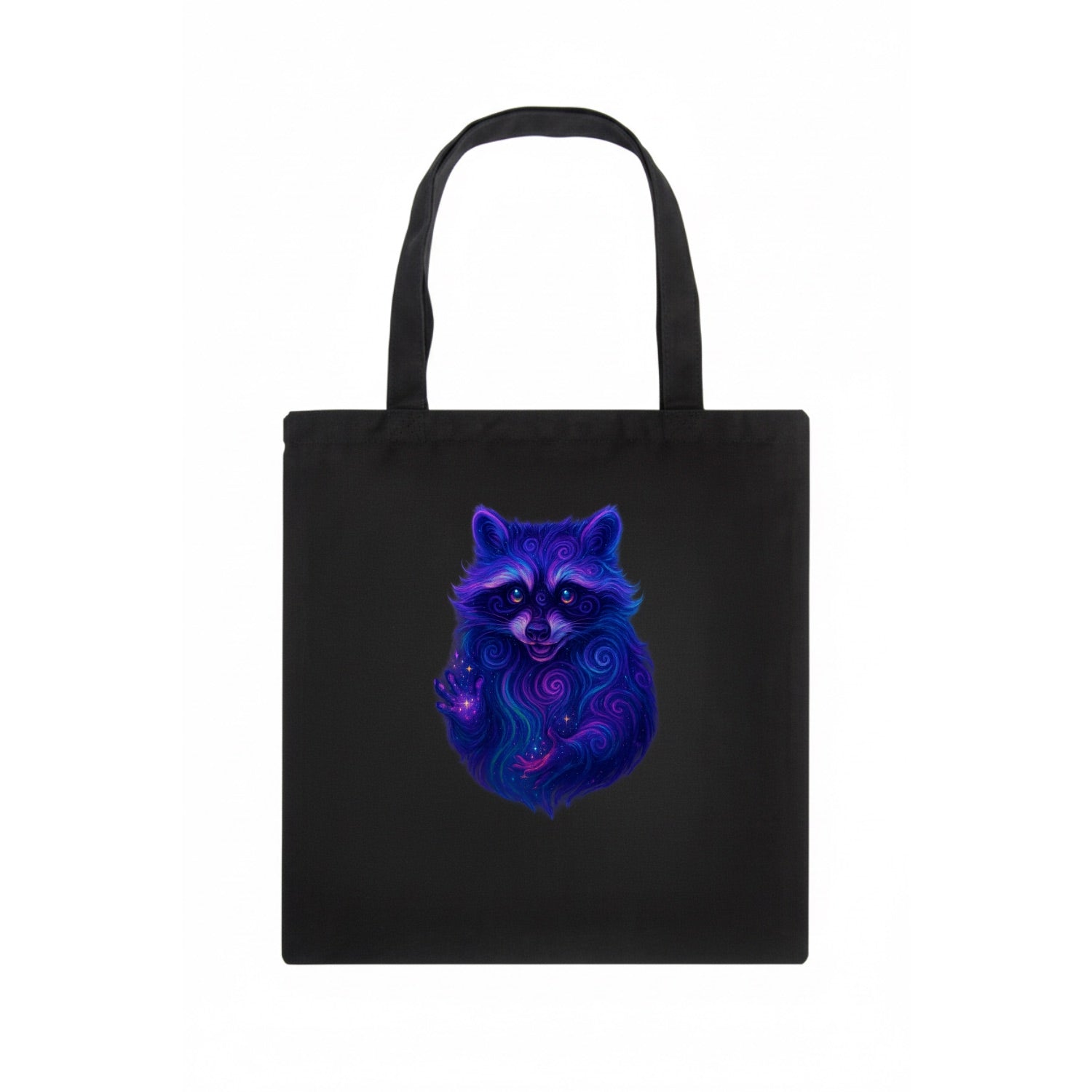 Playful raccoon with mask swirling in hypnotic patterns, neon purple and green fur with - Tote Bag - dark