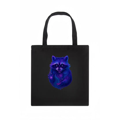 Playful raccoon with mask swirling in hypnotic patterns, neon purple and green fur with - Tote Bag - dark