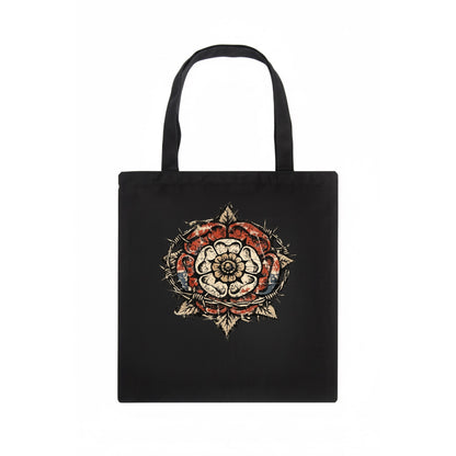 THORNED ROSE | Tudor rose with thorns | Barbed wire integration | Beautiful danger | - Tote Bag - dark