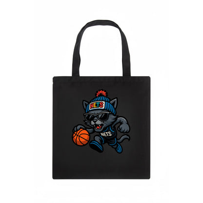 Brooklyn Cat wearing Nets beanie with street art patch and wayfarer sunglasses - Tote Bag - dark