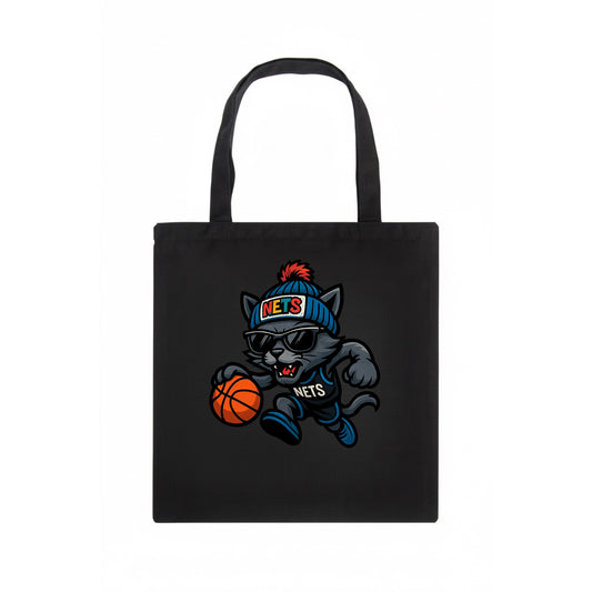 Brooklyn Cat wearing Nets beanie with street art patch and wayfarer sunglasses - Tote Bag - dark