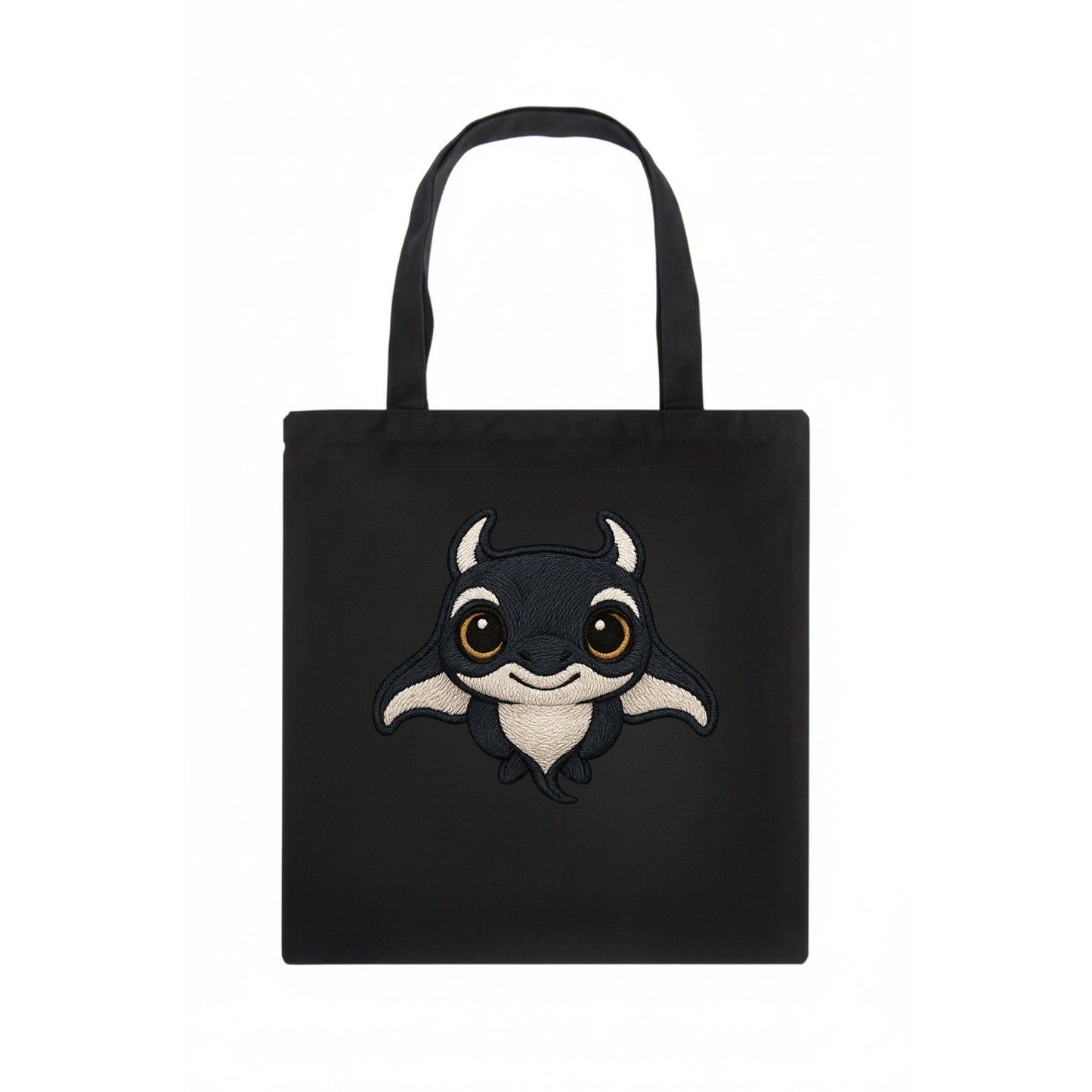 Baby Manta Ray - dark with white markings, cephalic fins, gentle eyes, front-facing, - Tote Bag - dark