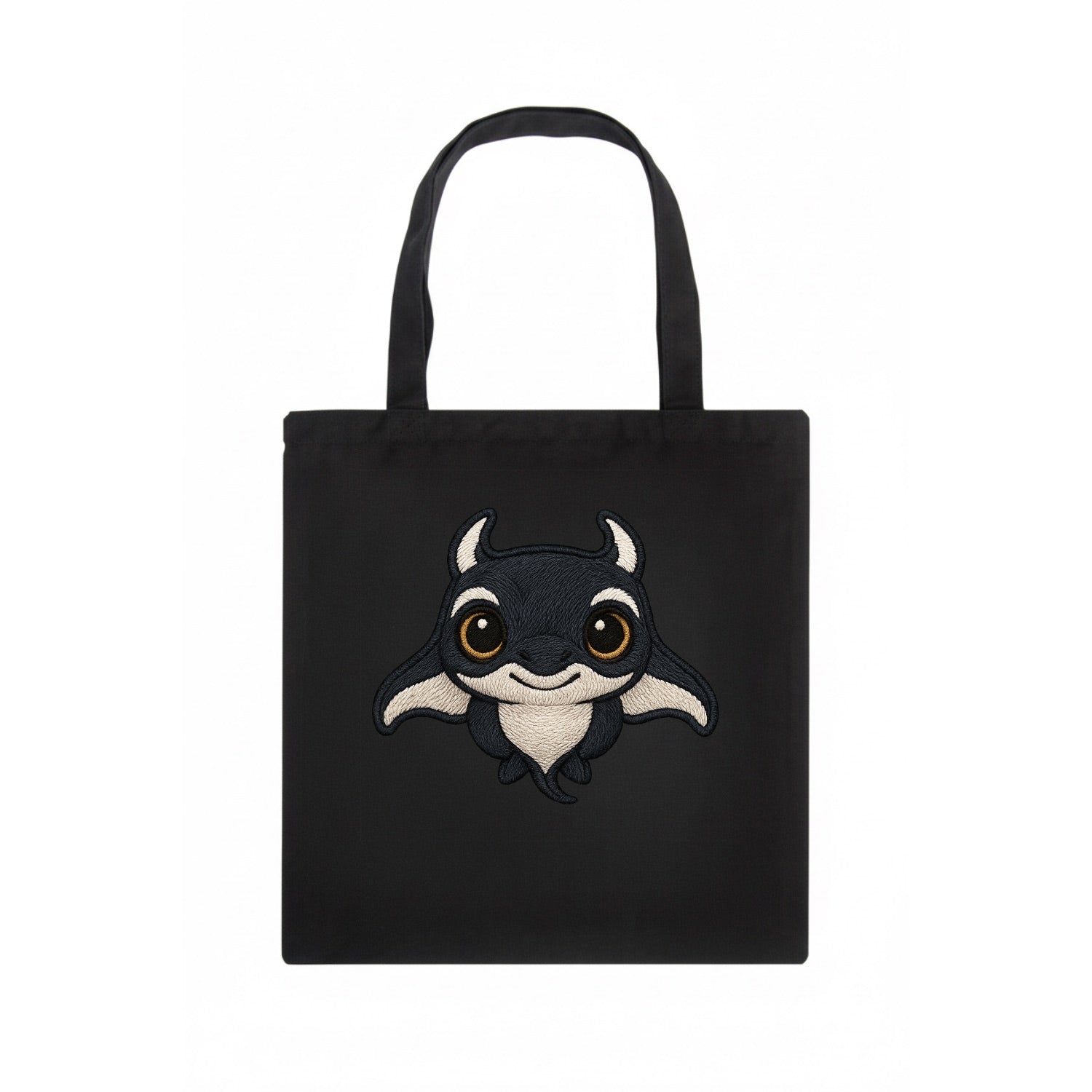 Baby Manta Ray - dark with white markings, cephalic fins, gentle eyes, front-facing, - Tote Bag - dark