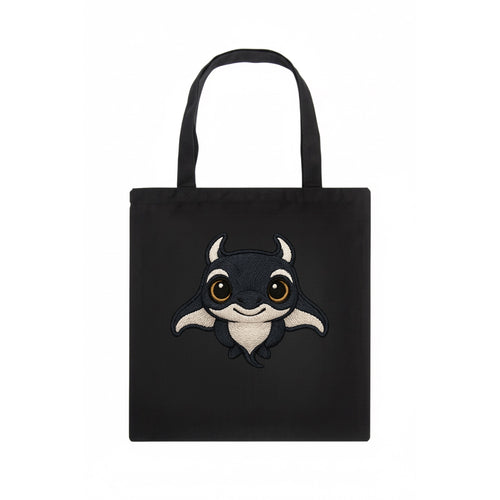 Baby Manta Ray - dark with white markings, cephalic fins, gentle eyes, front-facing, - Tote Bag