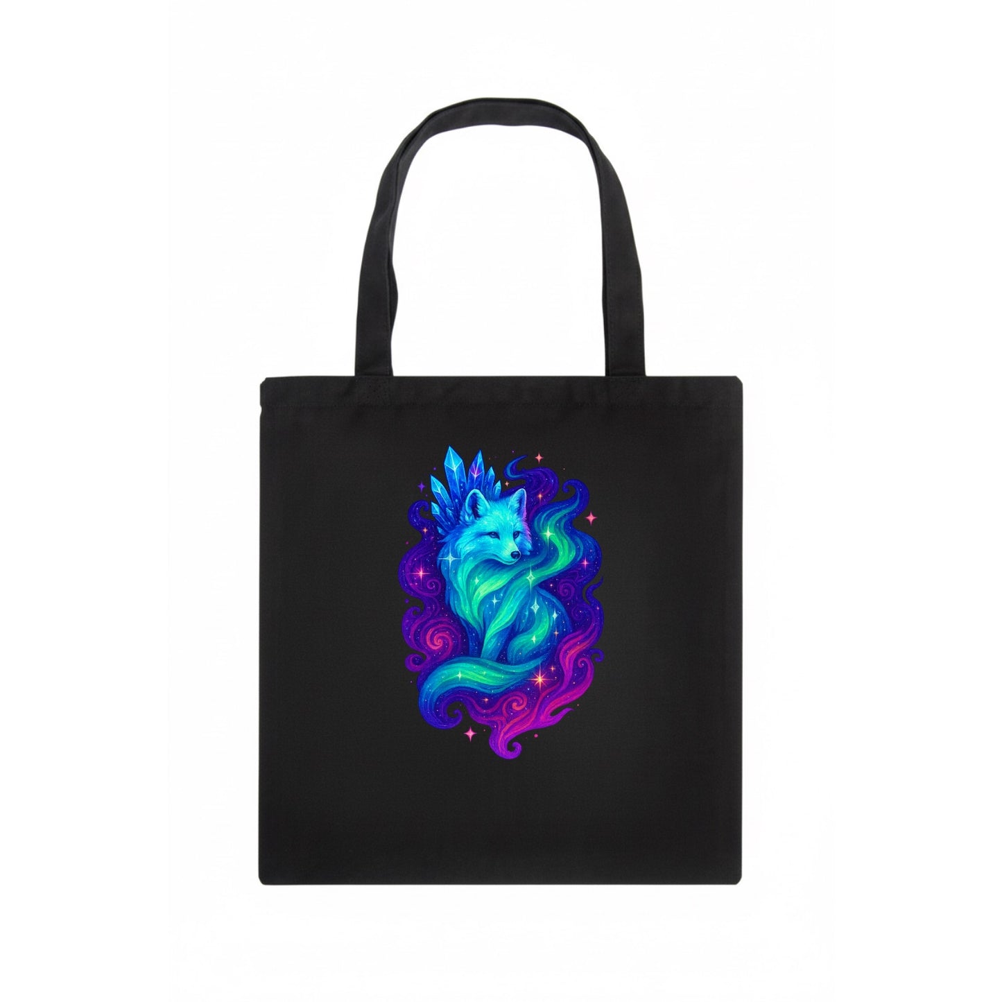 Ethereal arctic fox with fur that transforms into crystal formations, northern lights - Tote Bag - dark
