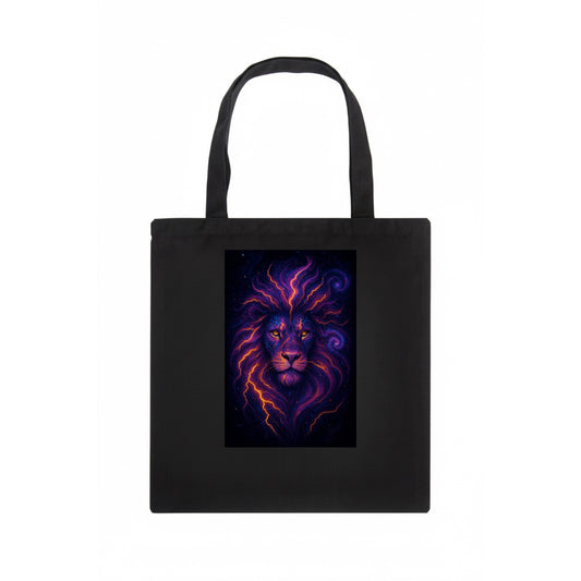 Regal lion with mane made of electric currents, neon yellow and hot pink energy flows, - Tote Bag - dark