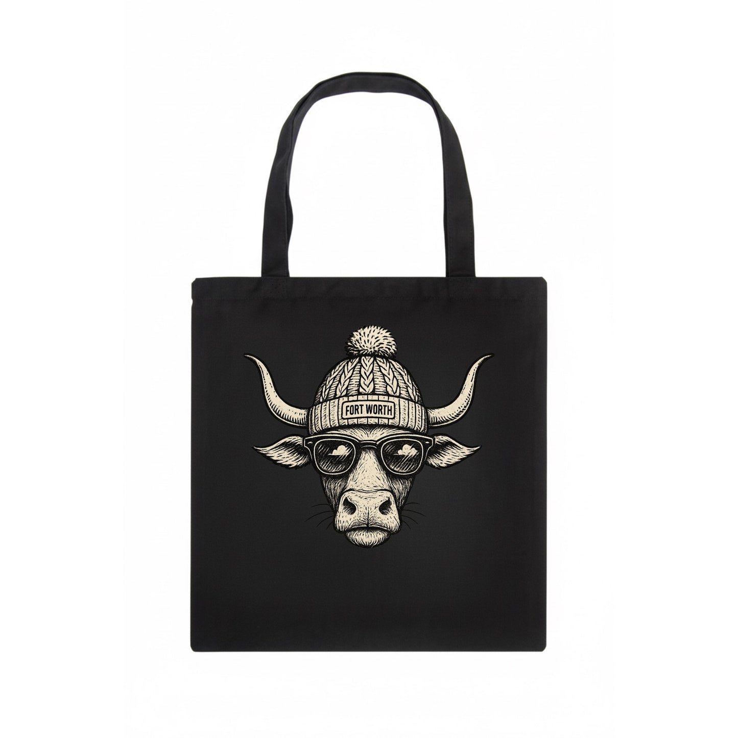 Fort Worth Longhorn wearing Fort Worth beanie with pom pom and wayfarer sunglasses - Tote Bag - dark