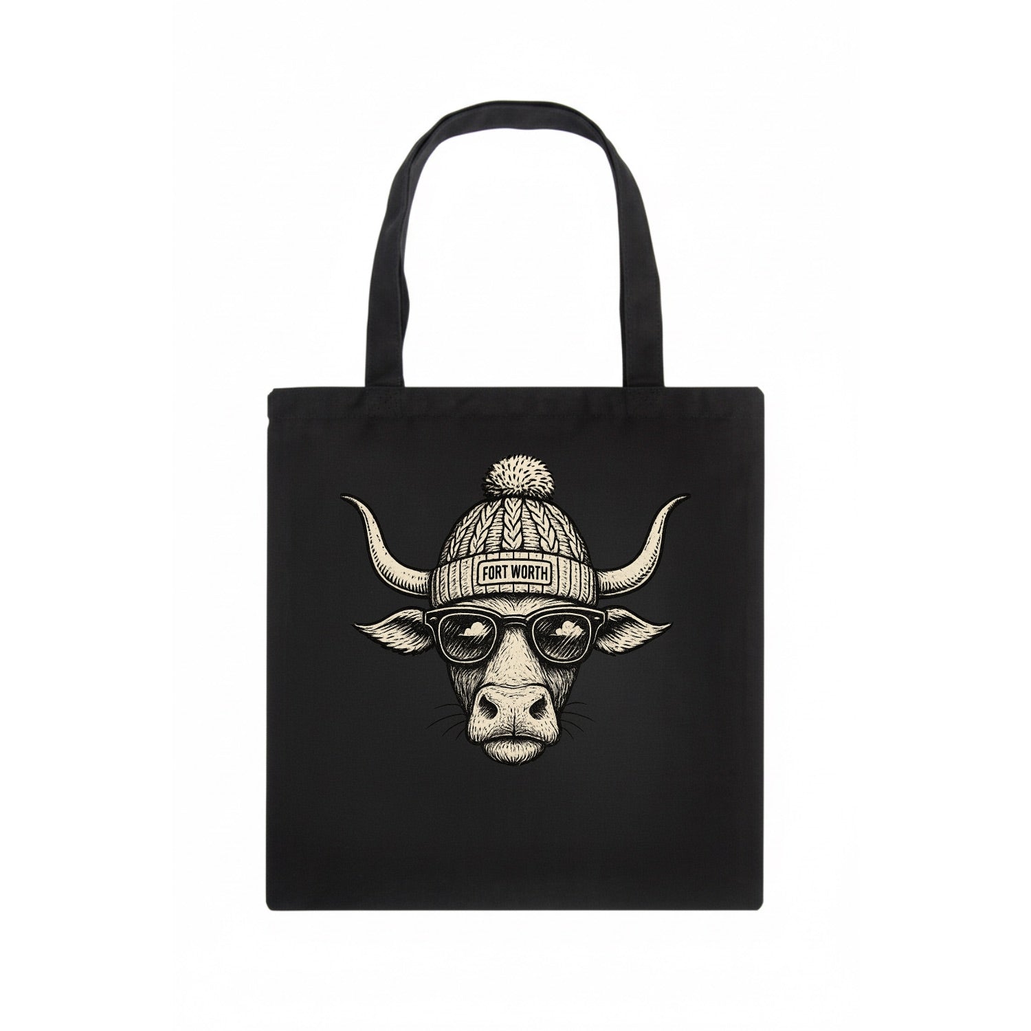 Fort Worth Longhorn wearing Fort Worth beanie with pom pom and wayfarer sunglasses - Tote Bag - dark