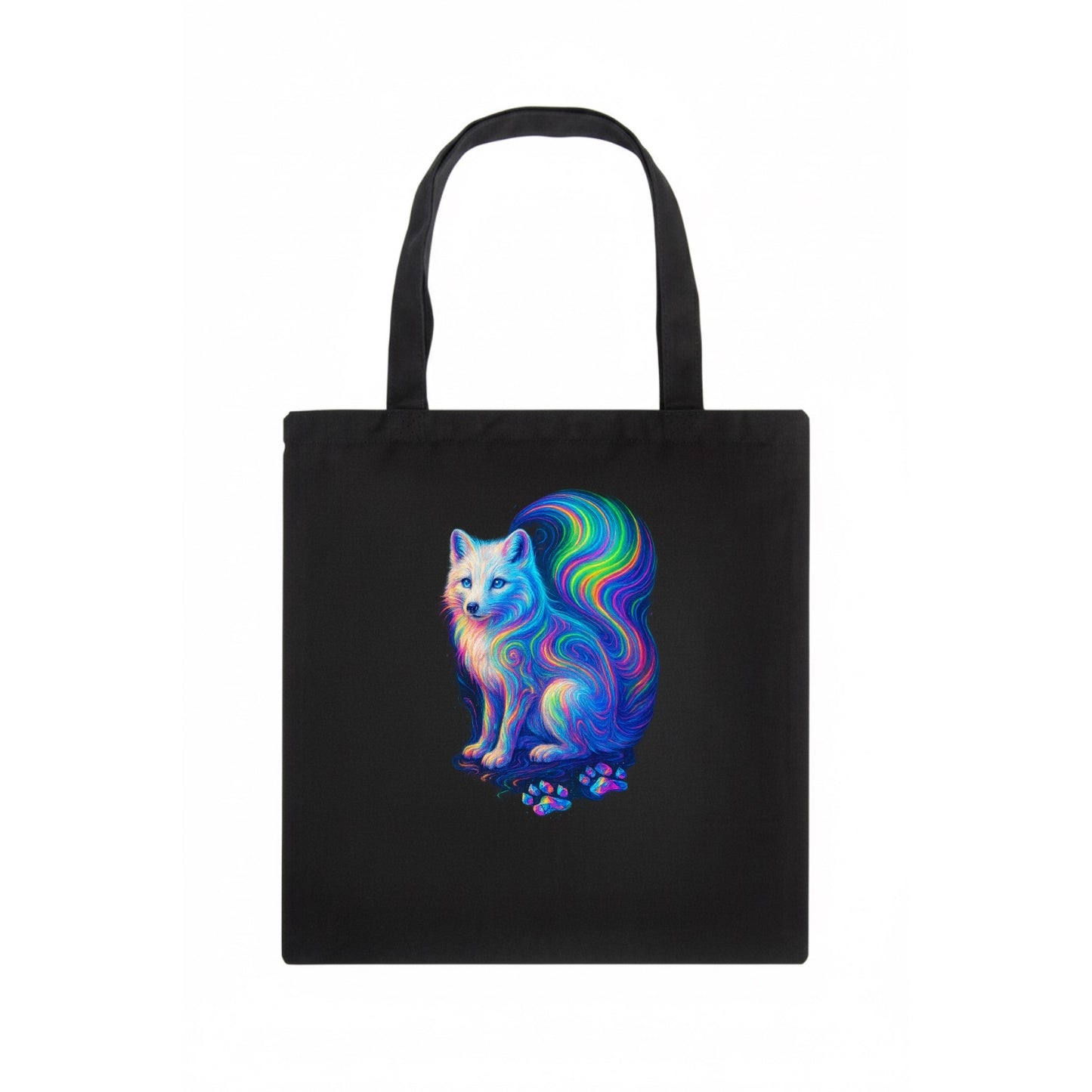 Graceful arctic fox with tail streaming aurora colors, white fur with prismatic - Tote Bag - dark