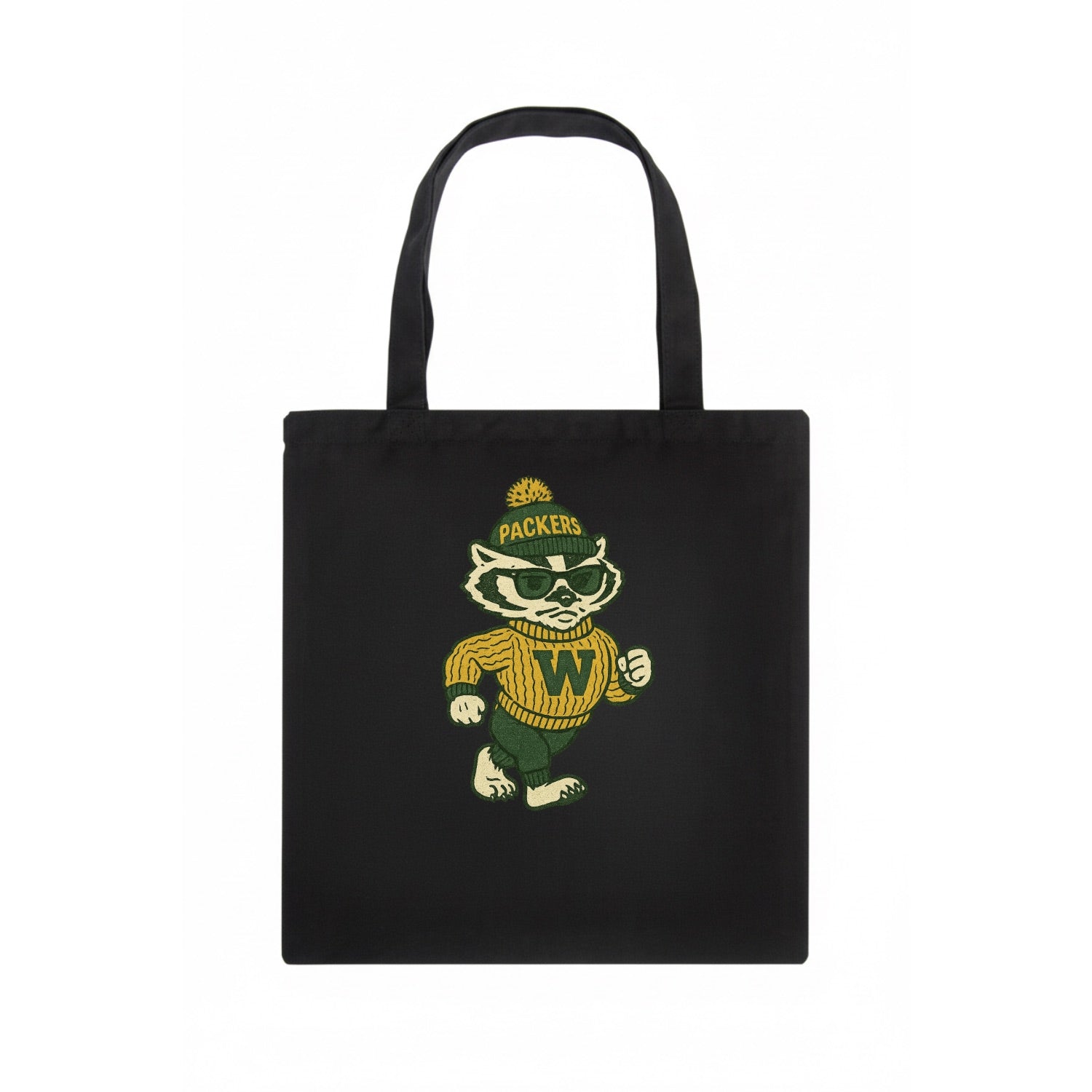 Wisconsin Badger wearing Packers green and gold beanie with pom pom and wayfarer - Tote Bag - dark