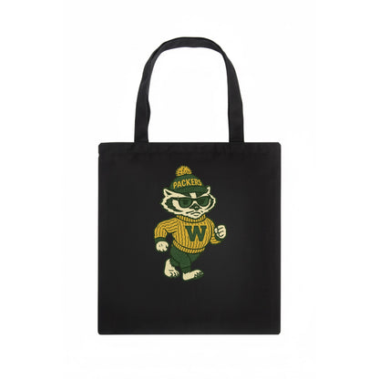 Wisconsin Badger wearing Packers green and gold beanie with pom pom and wayfarer - Tote Bag - dark
