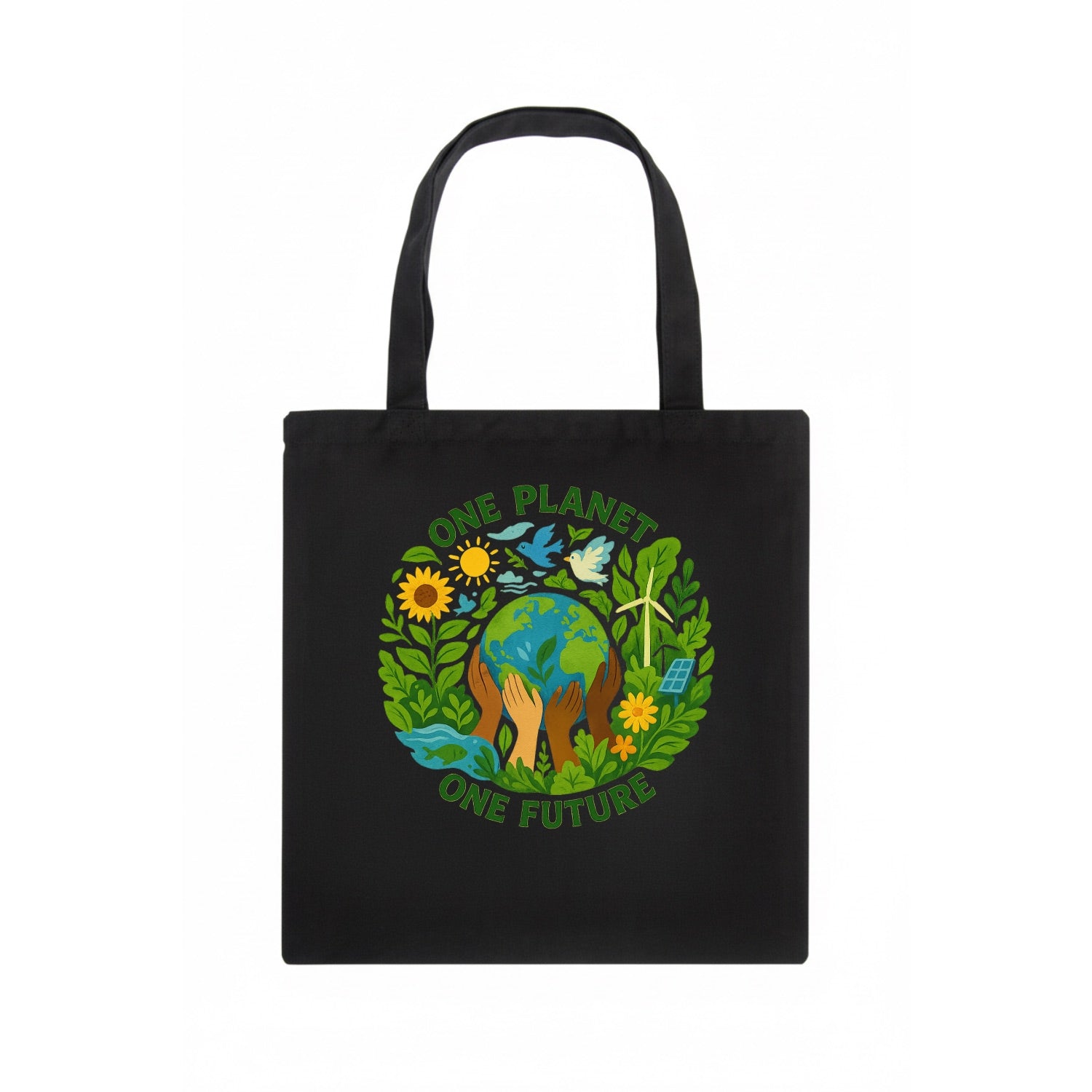 Globe surrounded by hands of all colors working together - "One Planet, One Future" - - Tote Bag - dark