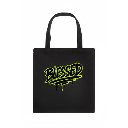 Bold typography design - "BLESSED" - recognizing good fortune, abundance - Tote Bag - dark