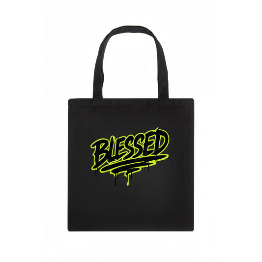 Bold typography design - "BLESSED" - recognizing good fortune, abundance - Tote Bag - dark