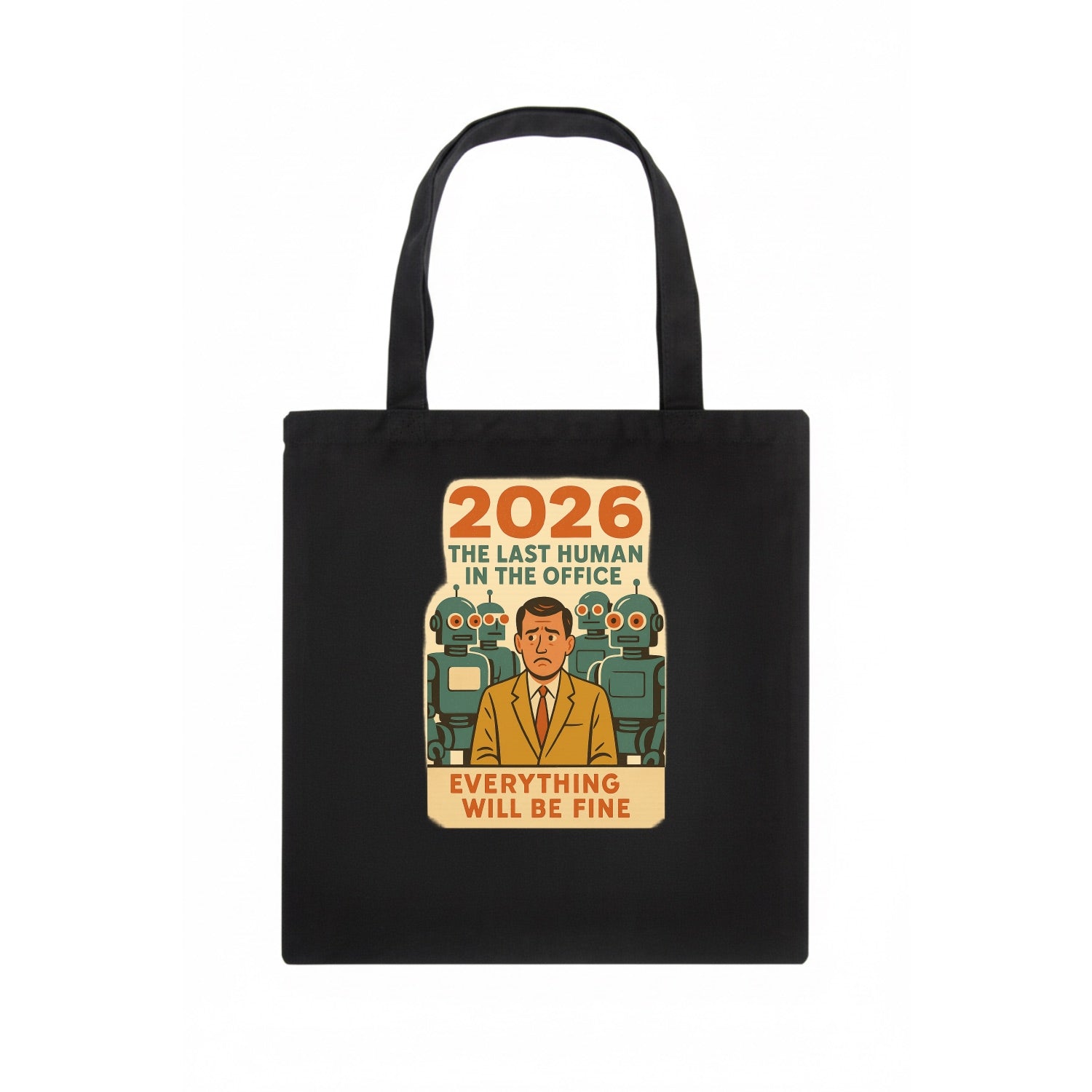 Single human worker surrounded by robot coworkers - "The last human in the office" - Tote Bag - dark