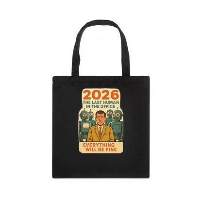Single human worker surrounded by robot coworkers - "The last human in the office" - Tote Bag - dark