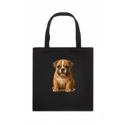 Baby Bulldog Puppy - wrinkly face, underbite, stocky body, gentle eyes, front-facing, - Tote Bag - dark