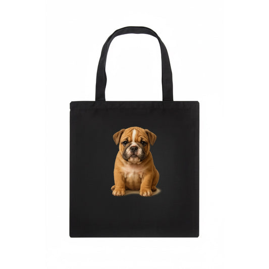 Baby Bulldog Puppy - wrinkly face, underbite, stocky body, gentle eyes, front-facing, - Tote Bag - dark