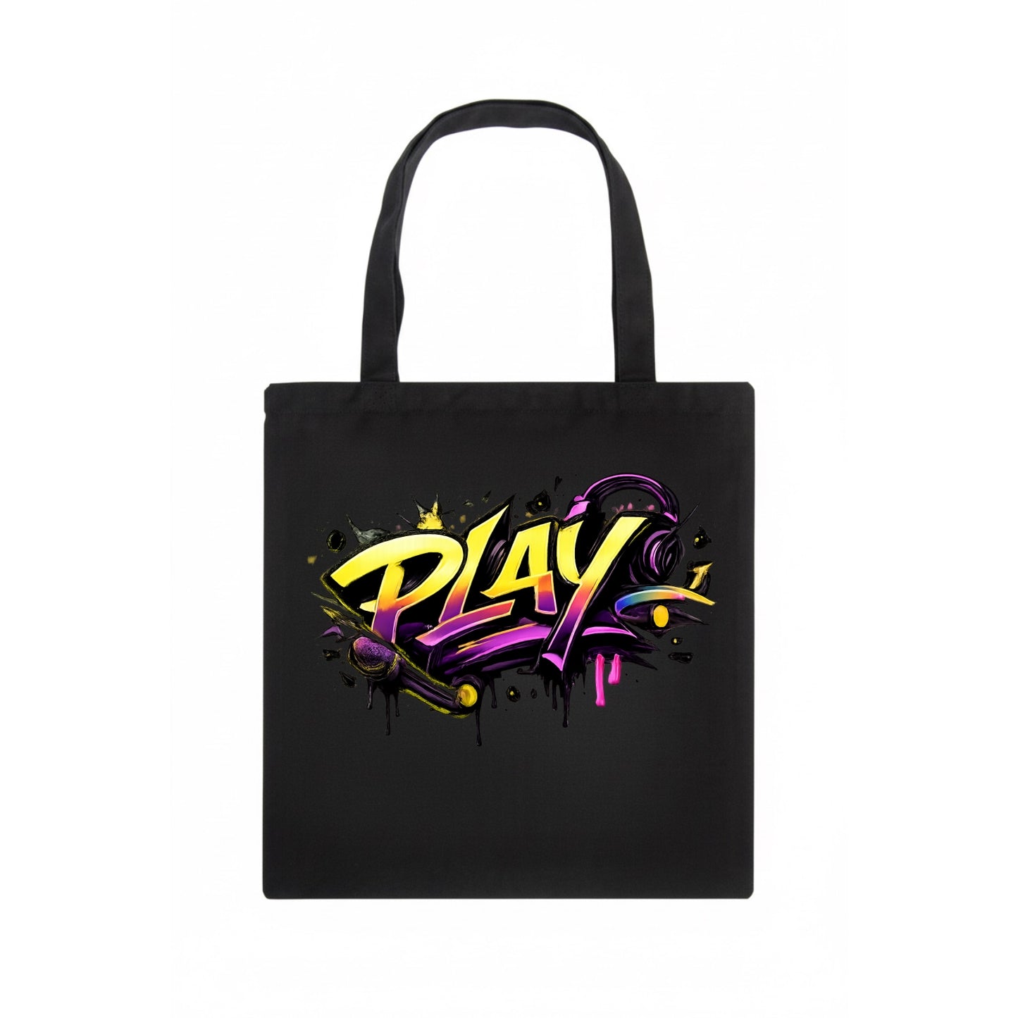 Bold typography design - "PLAY" - creative expression, musical performance - Tote Bag - dark