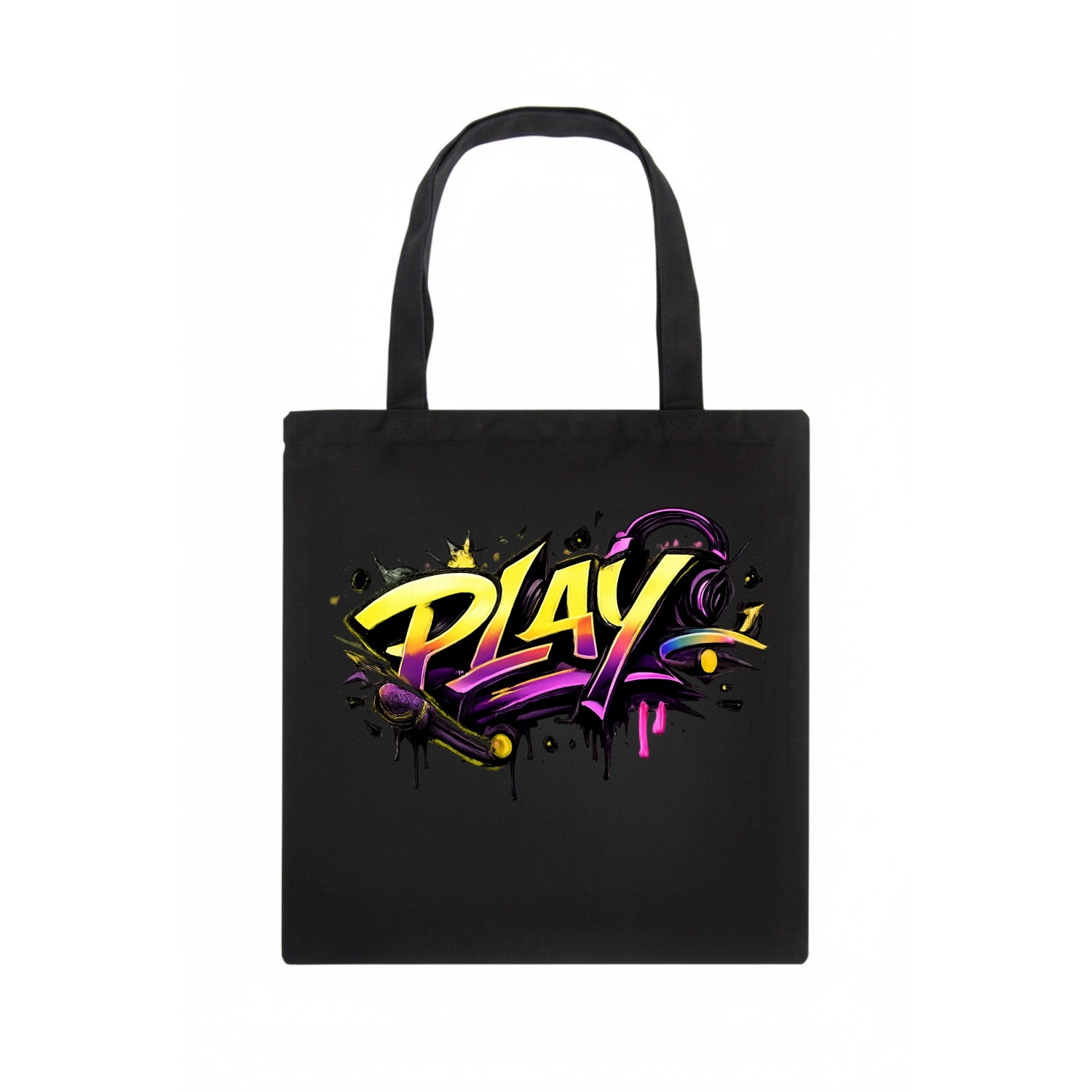 Bold typography design - "PLAY" - creative expression, musical performance - Tote Bag - dark
