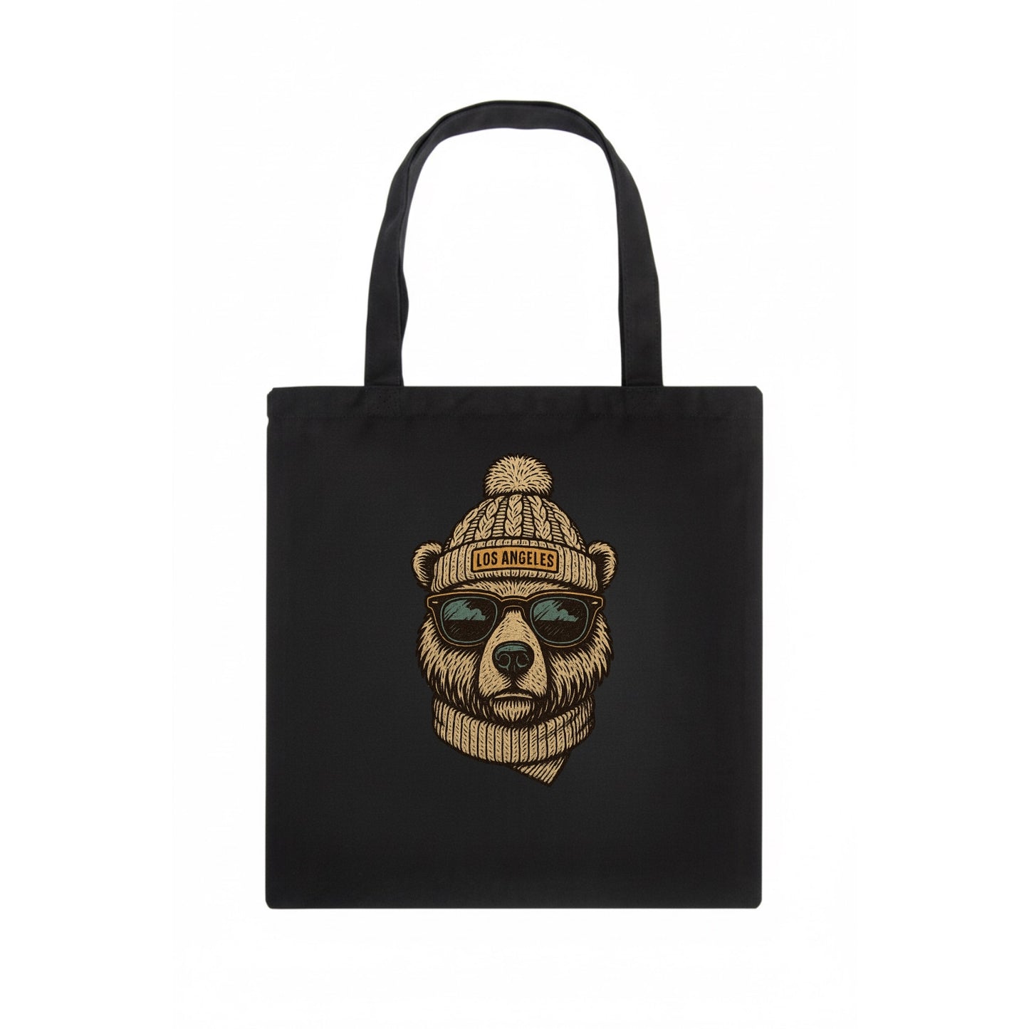California Grizzly Bear wearing Los Angeles beanie with pom pom and wayfarer sunglasses - Tote Bag - dark