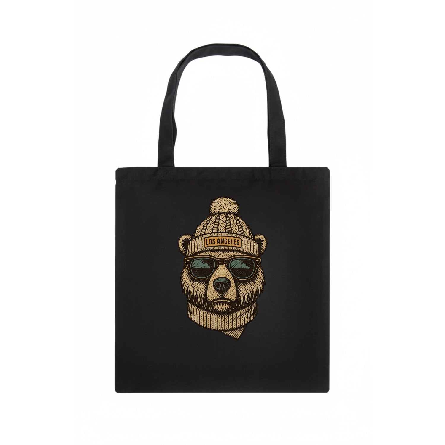 California Grizzly Bear wearing Los Angeles beanie with pom pom and wayfarer sunglasses - Tote Bag - dark